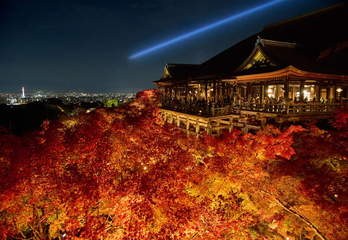 Kiyomizu-dera an einem Herbstabend beleuchtet